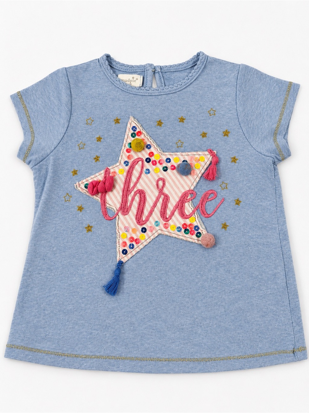 Mud Pie Blue Short Sleeve 'Three' Star Appliqué Tee